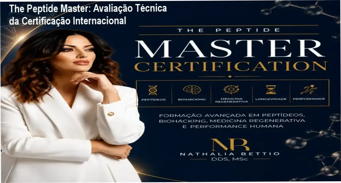 Capa da certificação The Peptide Master de Dra. Nathalia Bettio, evidenciando aulas avançadas e certificado internacional