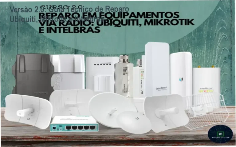 Tela do curso Versão 2.0 mostrando módulos de reparo de equipamentos wireless Ubiquiti, Mikrotik e Intelbras
