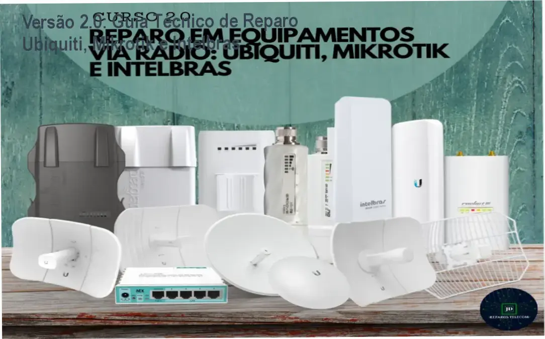 Tela do curso Versão 2.0 mostrando módulos de reparo de equipamentos wireless Ubiquiti, Mikrotik e Intelbras