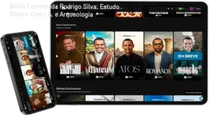 Página principal do app da Bíblia Comentada Rodrigo Silva, com destaque para interface intuitiva e recursos acadêmicos.