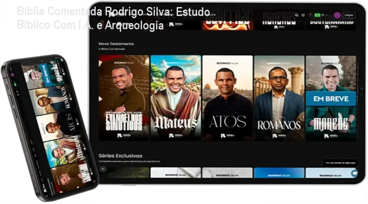 Página principal do app da Bíblia Comentada Rodrigo Silva, com destaque para interface intuitiva e recursos acadêmicos.