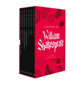 Box Clássicos de William Shakespeare com 7 marcadores – Visualização interna das edições Macbeth, Romeu e Julieta, Hamlet e outras clássicas adaptadas por Júlio Emílio Braz