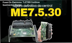 Curso Reparo Definitivo ME7.5.30 da Power-On Eletrônica: bastidores de teste de ECU em bancada mostrando diagnóstico de componentes L9929/TLE7209