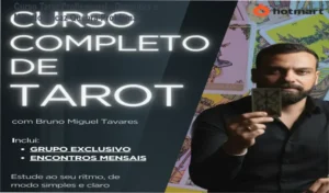 Imagem do Curso Completo de Tarot 'A Trilha do Tarot' com cartões espalhados e certificação no fundo.