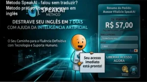 Global Digital Labs - Método SpeakAI mostrando tela interativa com frases práticas e reprodução de áudios dialogais