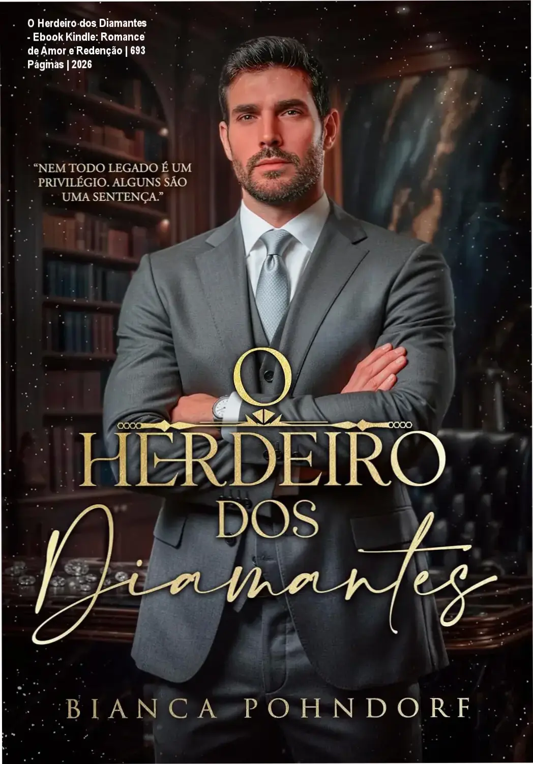 Capa do ebook O Herdeiro dos Diamantes mostrando os personagens principais em um cenário de luxo com diamantes brilhando ao fundo