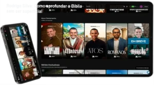 Capa da Bíblia Comentada de Rodrigo Silva mostrando a interface do app com IA integrada