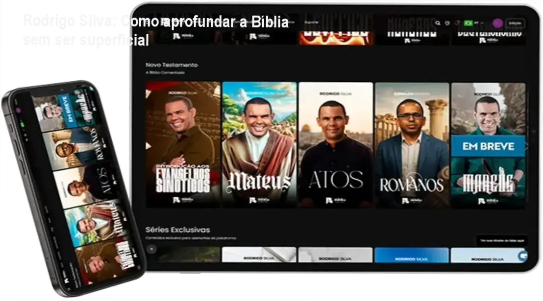 Capa da Bíblia Comentada de Rodrigo Silva mostrando a interface do app com IA integrada