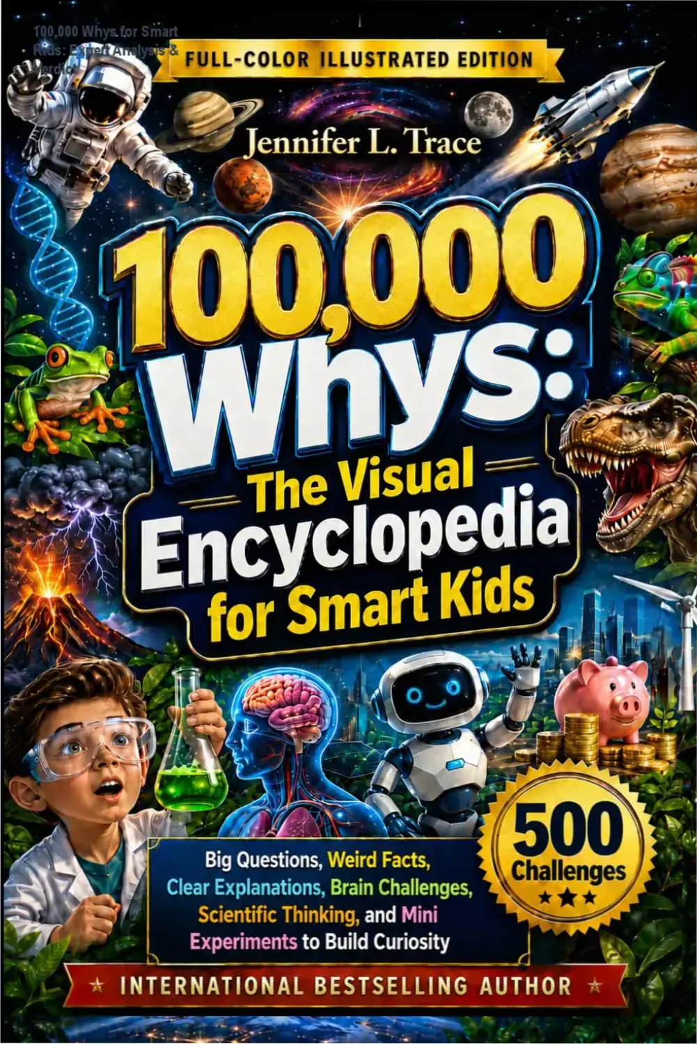 Cover of 100,000 Whys for Smart Kids visual encyclopedia showing curious children exploring science facts