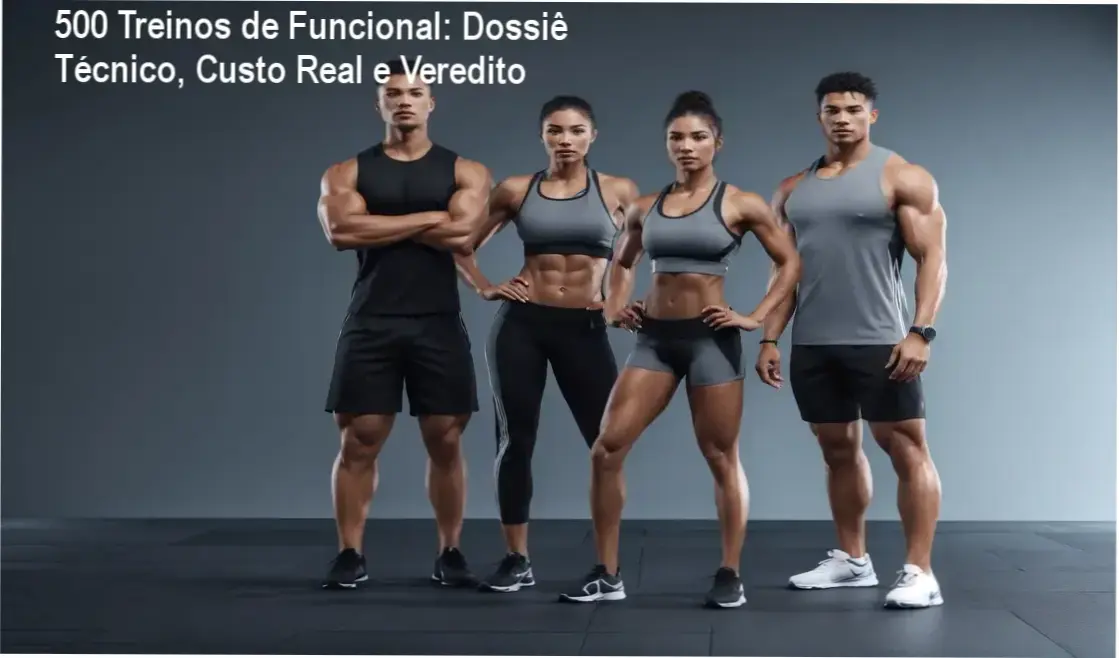 Capa da análise técnica do pacote 500 Treinos de Funcional mostrando interface da área de membros e planilhas de treino