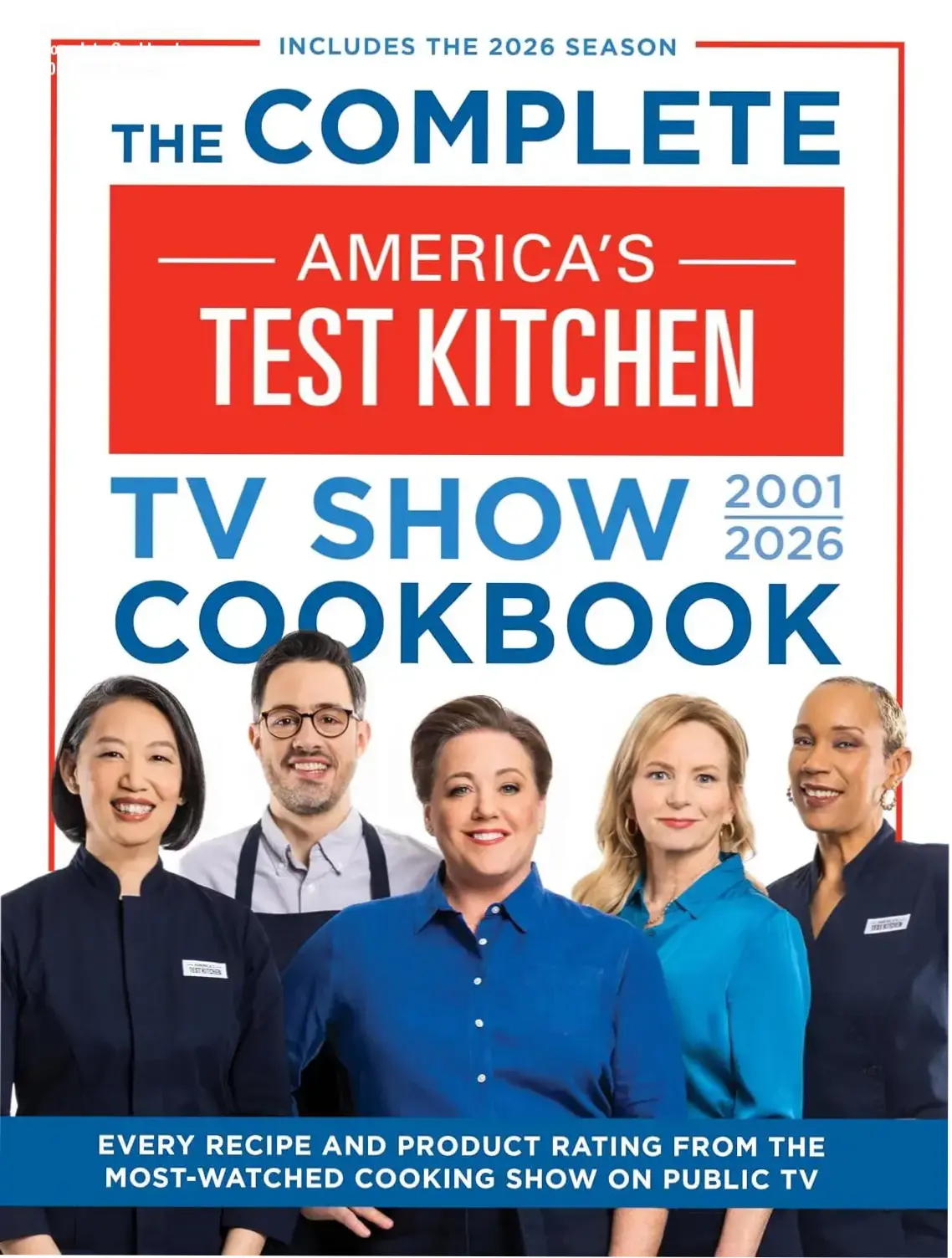 Cover of America’s Test Kitchen Complete Cookbook 2001‑2026 showing assorted dishes and product ratings