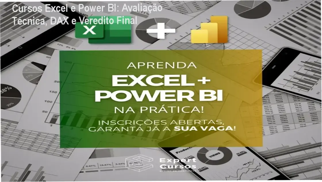 Análise técnica dos cursos de Excel e Power BI mostrando módulos de DAX e dashboards corporativos