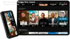 Interface do aplicativo da Bíblia Comentada Rodrigo Silva exibindo análise exegética com suporte de inteligência artificial
