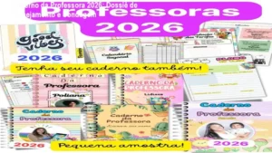 Visualização detalhada do Caderno da Professora 2026 e ferramentas de Sondagem Diagnóstica em uso