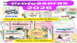 Visão interna do Caderno da Professora 2026 com ferramentas de sondagem diagnóstica e organização pedagógica