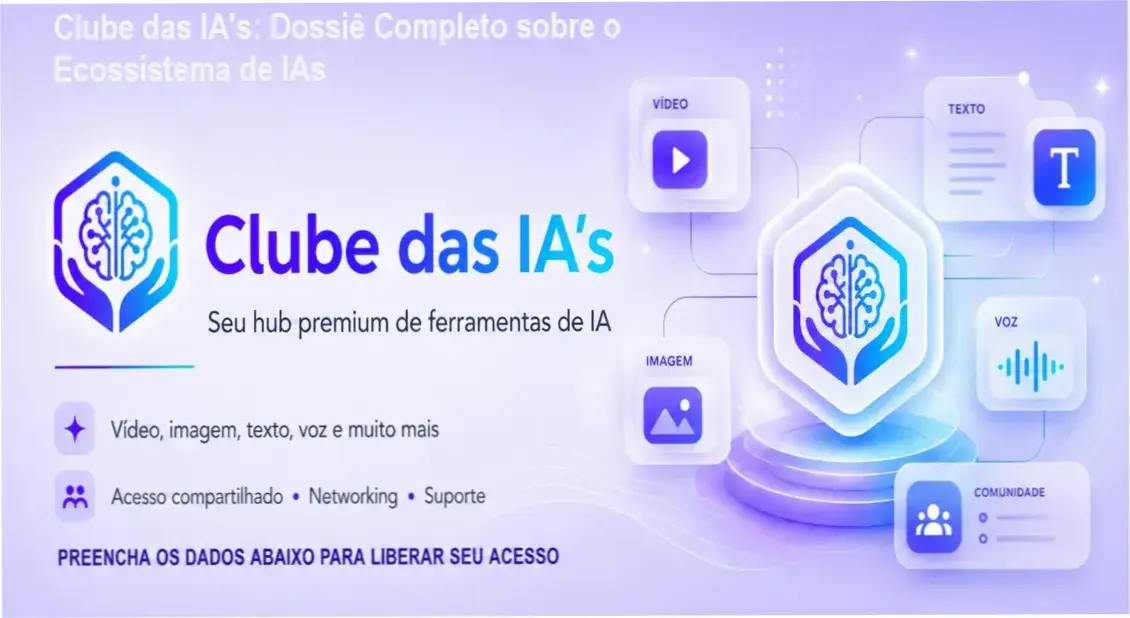Interface e bastidores do Clube das IA's revelando o ecossistema de ferramentas premium