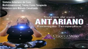 Capa do curso Sistema Antariano de Cura Multidimensional com ícone de certificação e símbolos energéticos