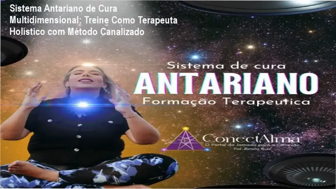 Capa do curso Sistema Antariano de Cura Multidimensional com ícone de certificação e símbolos energéticos
