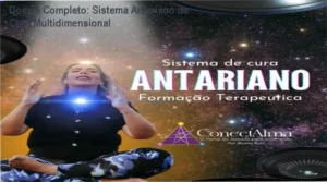 Representação visual de ferramentas de terapia quântica e símbolos do Sistema Antariano de Cura Multidimensional