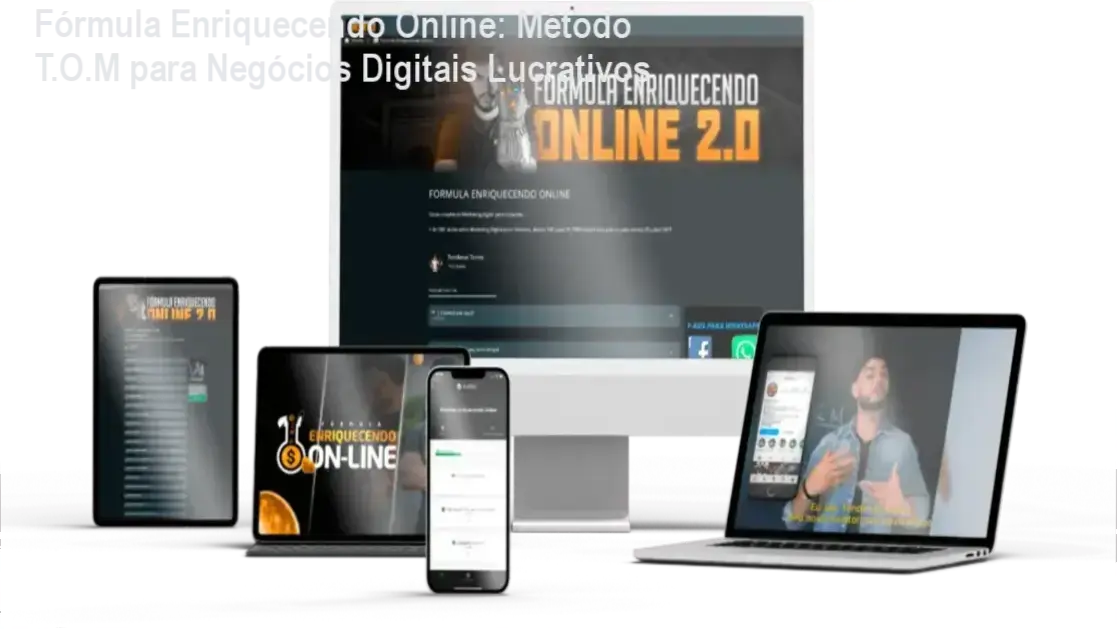 Imagem do curso Fórmula Enriquecendo Online, com destaque para o Método T.O.M e tópicos de marketing digital