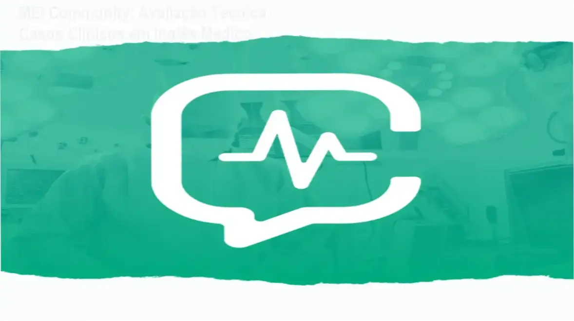 Tela da plataforma MEI Community exibindo discussão de caso clínico em inglês médico