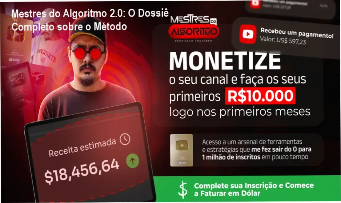 Interface do treinamento Mestres do Algoritmo 2.0 exibindo estratégias de crescimento e monetização no YouTube