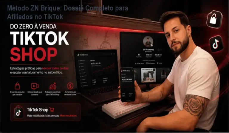 Interface do curso Método ZN Brique mostrando estratégias de marketing de afiliados e tráfego orgânico no TikTok