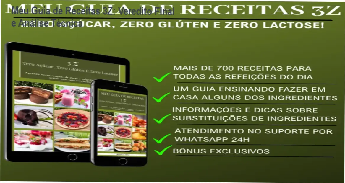 Capa do Meu Guia de Receitas 3Z com exemplos de pratos sem açúcar, glúten e lactose