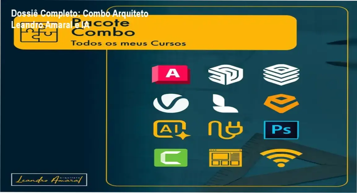 Interface do portal de cursos do Arquiteto Leandro Amaral mostrando módulos de modelagem 3D e inteligência artificial