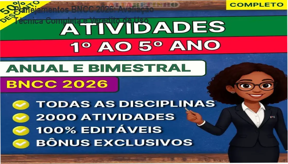Capa do kit Planejamentos BNCC 2026 aberto no notebook mostrando modelos de planos de aula editáveis em Word e relatórios de AEE em Excel