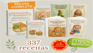 Capa do ebook com título 'Receitas Para Bebês Crescendo Saudável' e ilustrações de pratos variados para alimentação infantil
