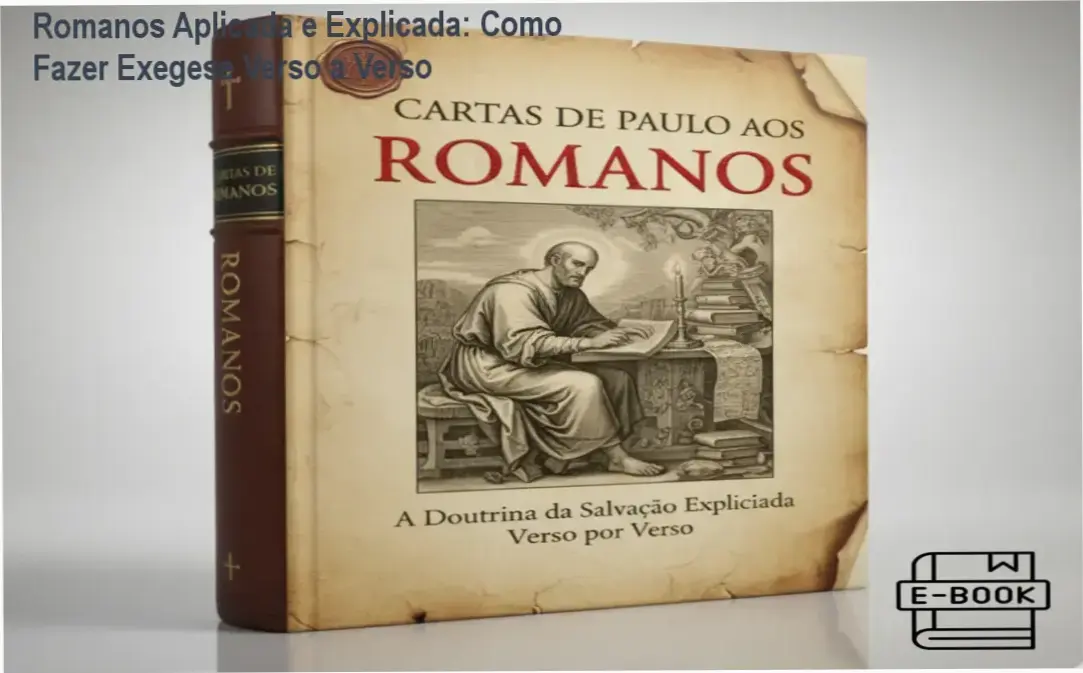 Capa do e-book Romanos Aplicada e Explicada Verso a Verso da Bíblia Academy aberto em tablet mostrando comentários exegéticos