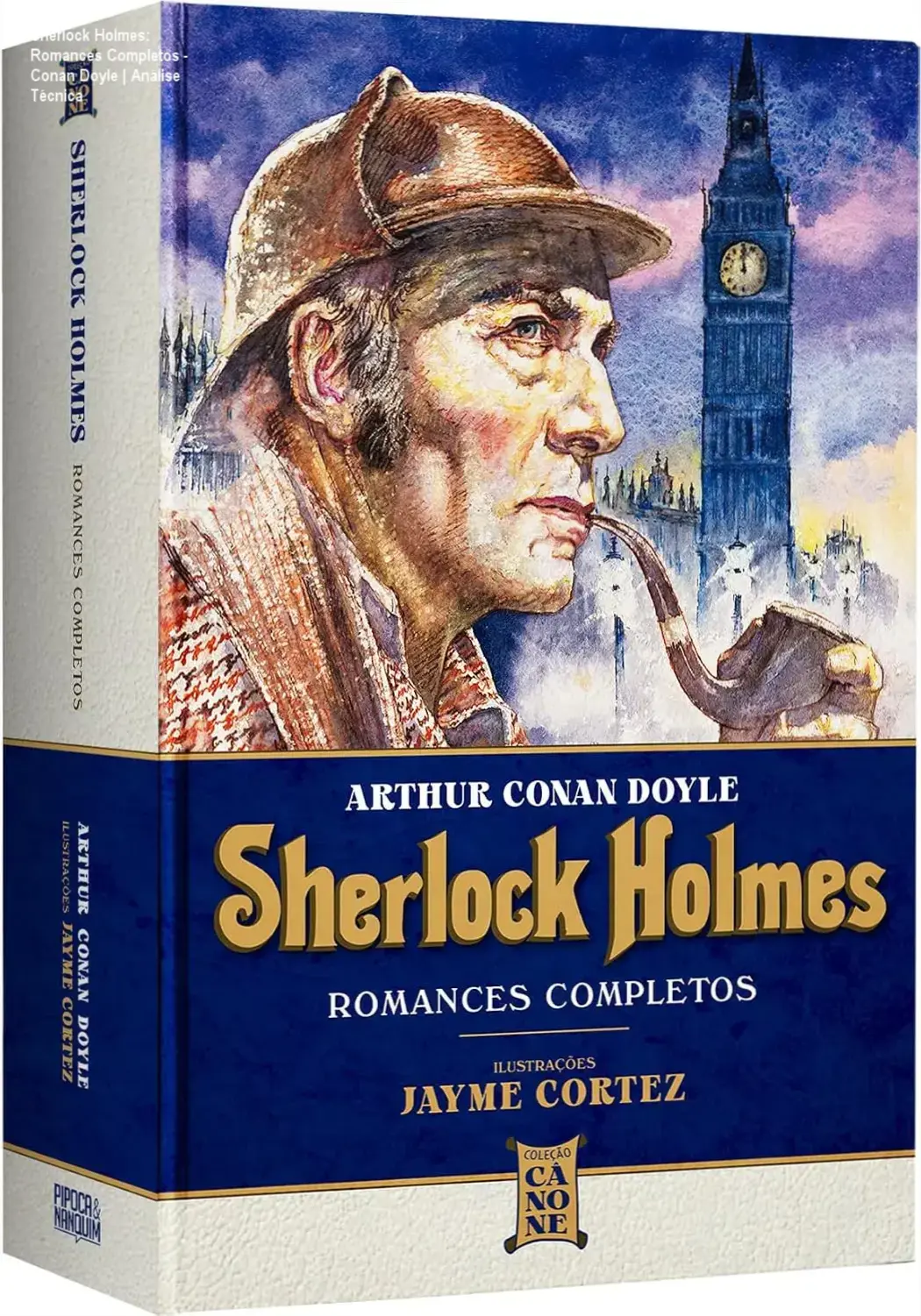 Capa dura da edição completa dos romances de Sherlock Holmes ilustrada por Jayme Cortez pela editora Pipoca & Nanquim