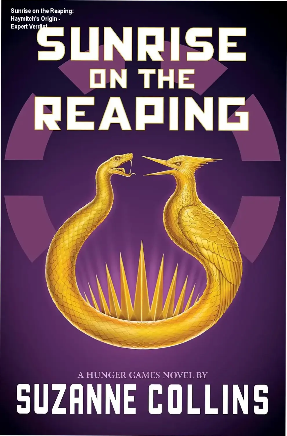 Paperback cover of Sunrise on the Reaping by Suzanne Collins showing the mockingjay pin design