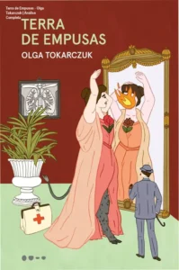 Capa do livro Terra de Empusas de Olga Tokarczuk em ambiente de biblioteca