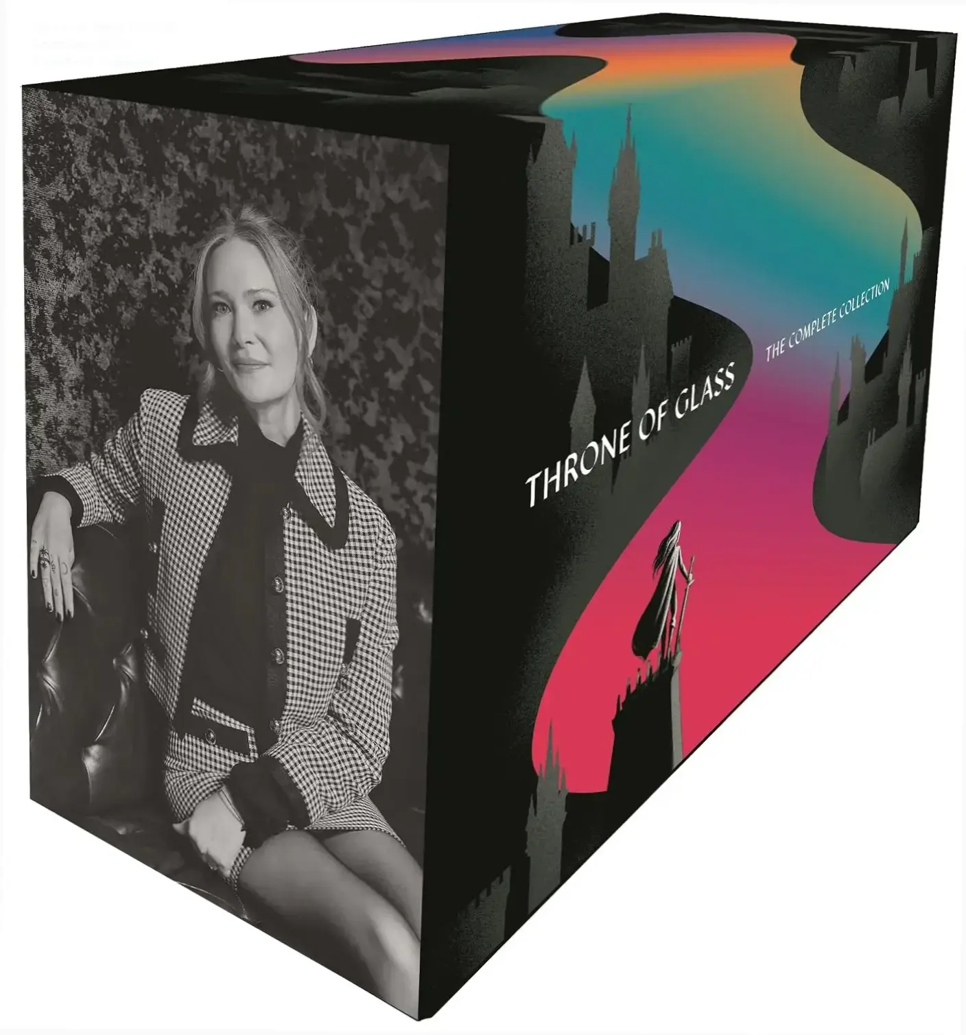 Throne of Glass 8-book paperback box set by Sarah J. Maas displayed on wooden shelf