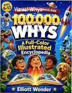 Visual Whys Encyclopedia paperback open showing colorful illustrated pages explaining science questions for children