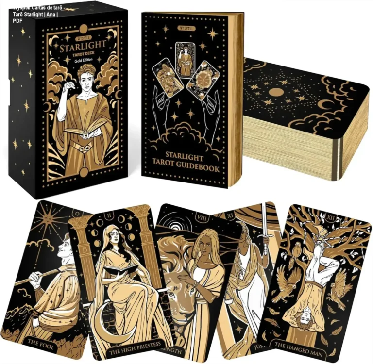 Capa do baralho Wyspell Tarô Starlight com design dourado e ilustrações de tarô moderno
