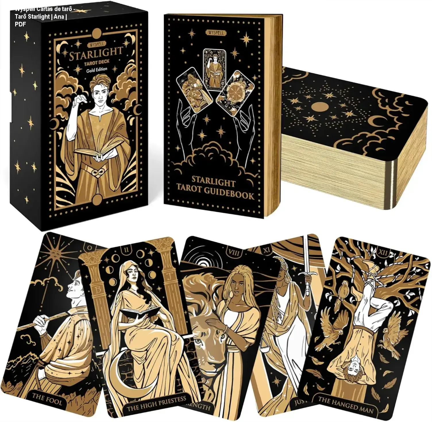 Capa do baralho Wyspell Tarô Starlight com design dourado e ilustrações de tarô moderno