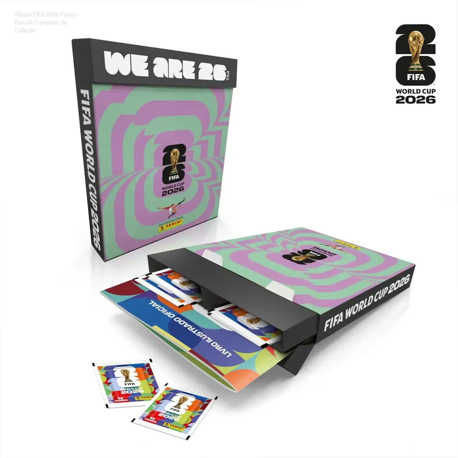 Box Fliptop do Álbum da Copa do Mundo FIFA 2026 Panini com envelopes de figurinhas