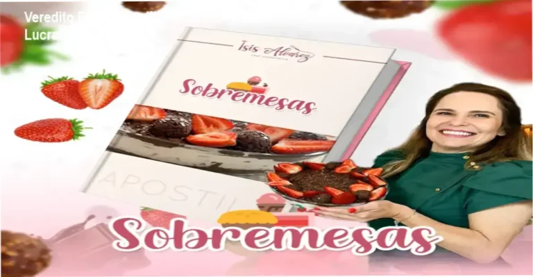 Apostila de Sobremesas Lucrativas da Chef Isis com exemplos de doces de travessa e tortas gourmet