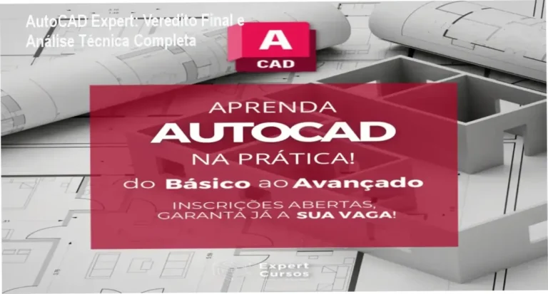 Interface do curso AutoCAD Expert exibindo projetos de engenharia e arquitetura em 2D e 3D