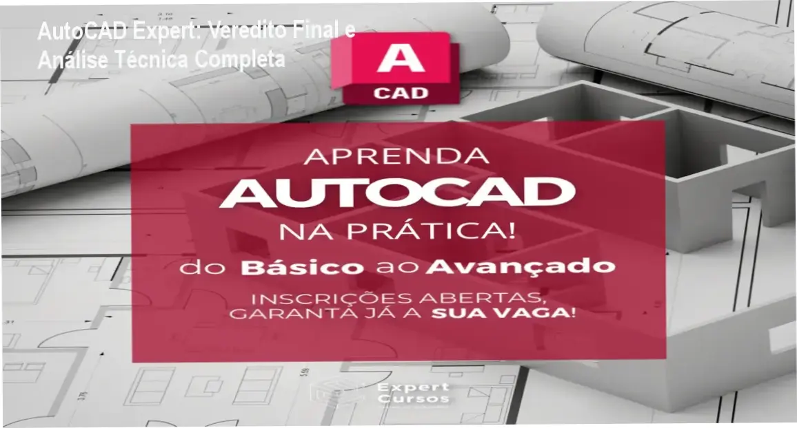 Interface do curso AutoCAD Expert exibindo projetos de engenharia e arquitetura em 2D e 3D