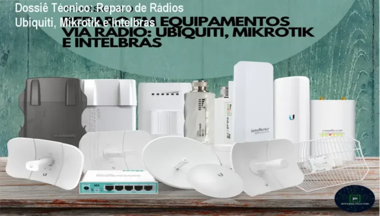 Técnico realizando diagnóstico de placa de rádio Ubiquiti com multímetro em bancada de eletrônica