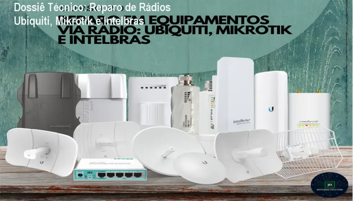 Técnico realizando diagnóstico de placa de rádio Ubiquiti com multímetro em bancada de eletrônica