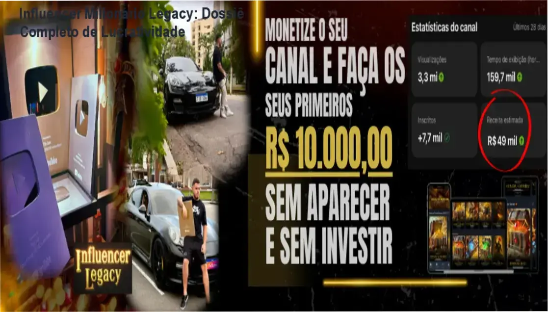 Painel de resultados de monetização do YouTube com o método Influencer Milionário Legacy