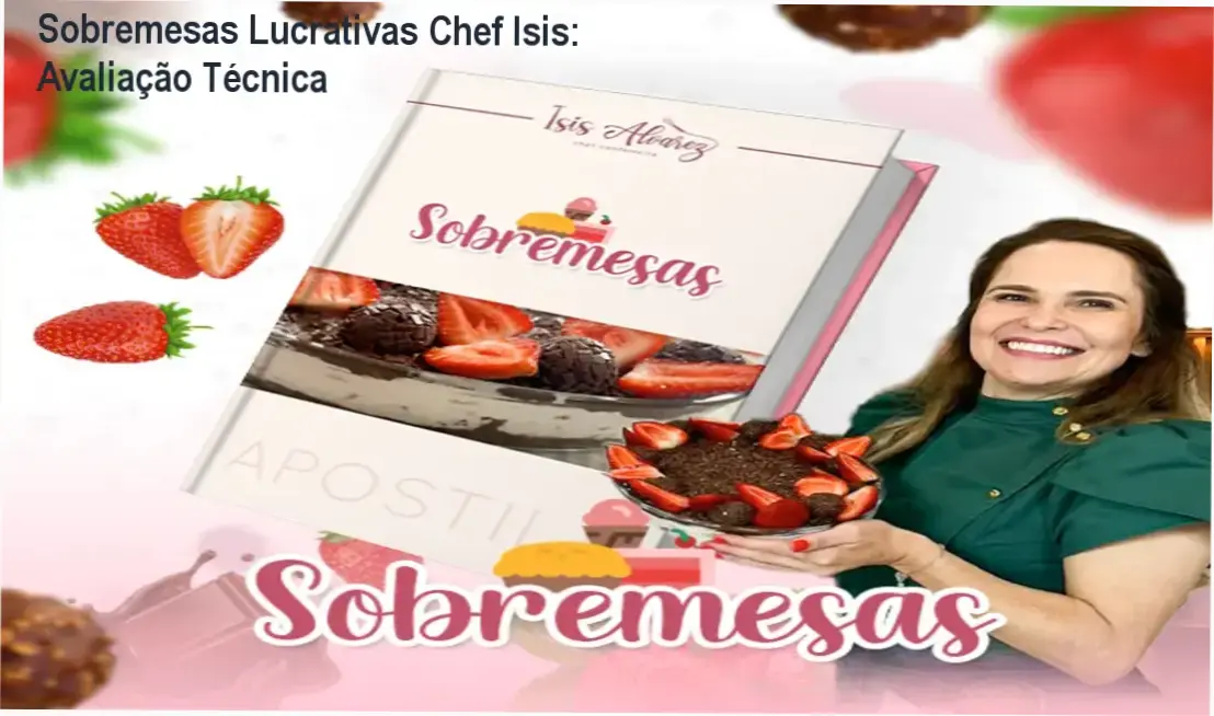 Capa da Apostila de Sobremesas Lucrativas da Chef Isis Alvarez com exemplos de doces de travessa