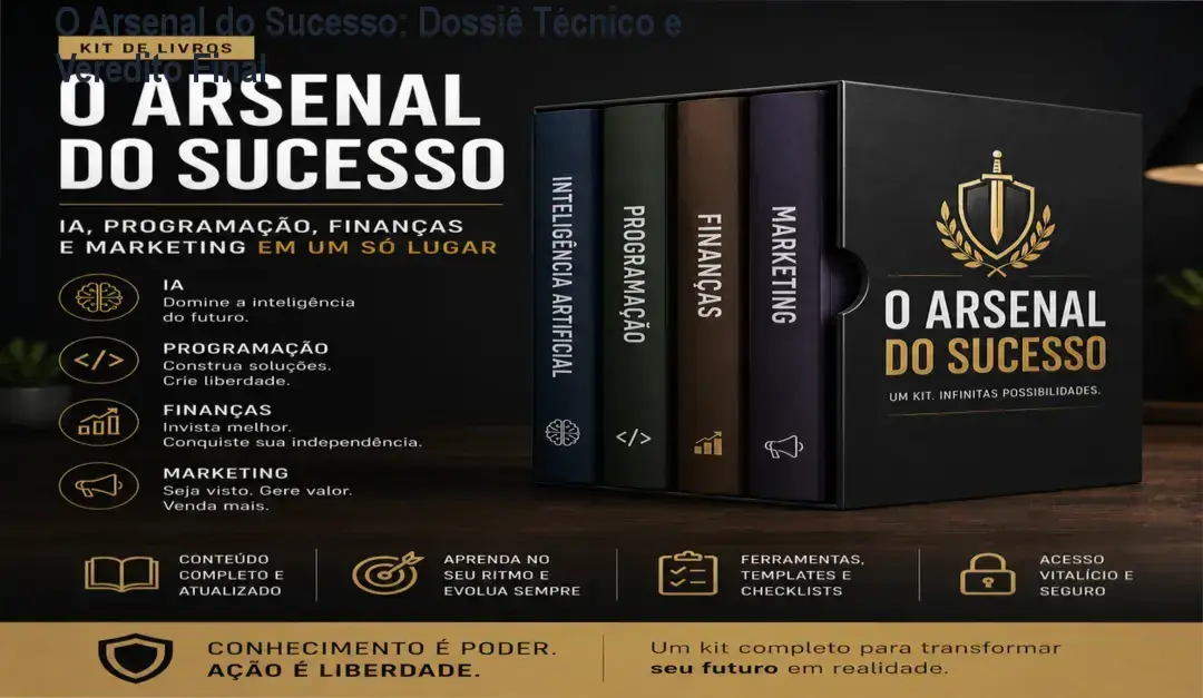 Representação da biblioteca digital O Arsenal do Sucesso com módulos de IA, Programação e Finanças