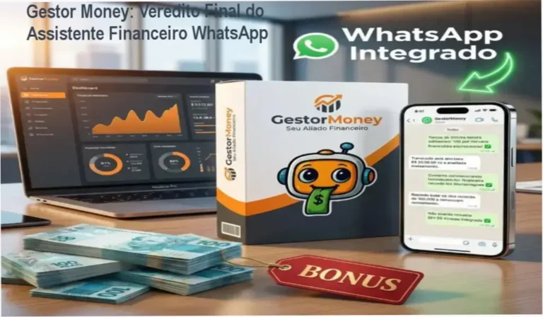 Interface do Gestor Money demonstrando o controle financeiro via WhatsApp e painel de gráficos