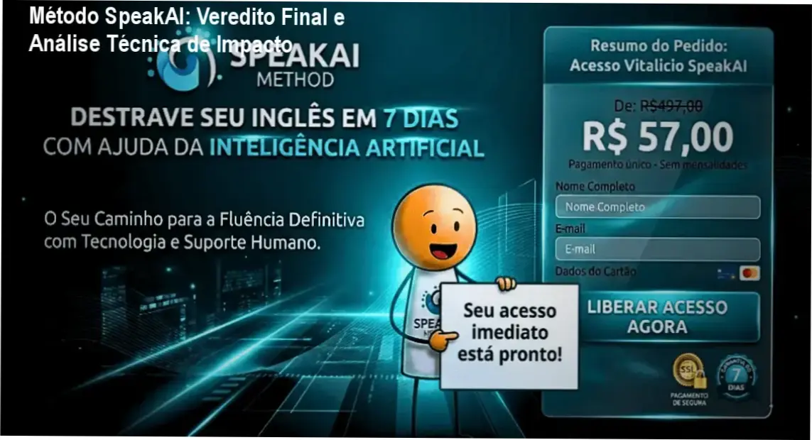Interface do curso Método SpeakAI com foco em frases reais para destravar a conversação em inglês